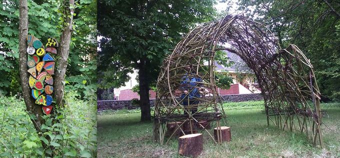 Woodblocks and willow hut made with local schools for Art and Sound installation, Midleton Arts Festival 